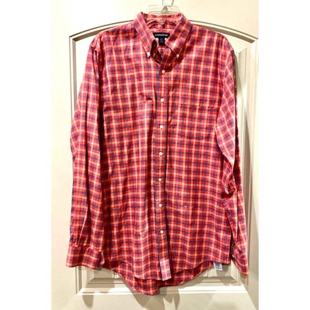 Lands End  Shirt Orange‎ Blue Plaid Men's 15 1/2 Tall 36-37